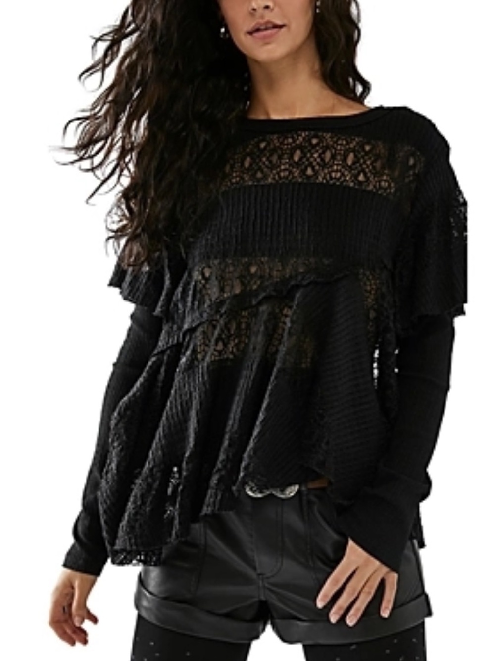Free People Snowfall Boho Black Lace Asymmetric Whimsigoth Tunic Top Ruffle L